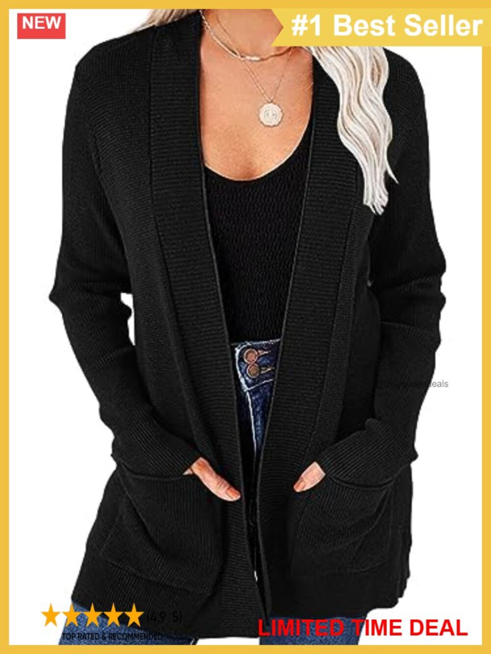 Women's Lightweight Open Front Cardigan Sweater Ribbed Trim Pockets